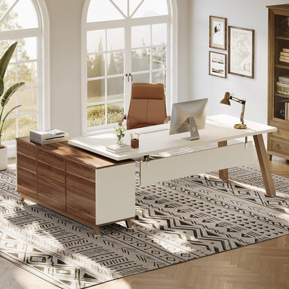 78.7" L-Shaped Executive Desk, Modern Office Desk with File Drawers & Storage Shelves, Large Computer Desk with 55-Inch Cabinet, Business Workstation for Home Office, Beige & Walnut