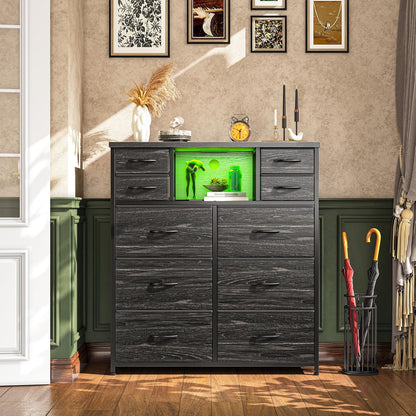 Dresser for Bedroom with 10 Drawers Featuring LED Light and Power Outlet, Fabric Dressers & Chest of Drawers with Open Shelves for Hallway, Living Room, Metal Frame,Wood Top,Grain Black