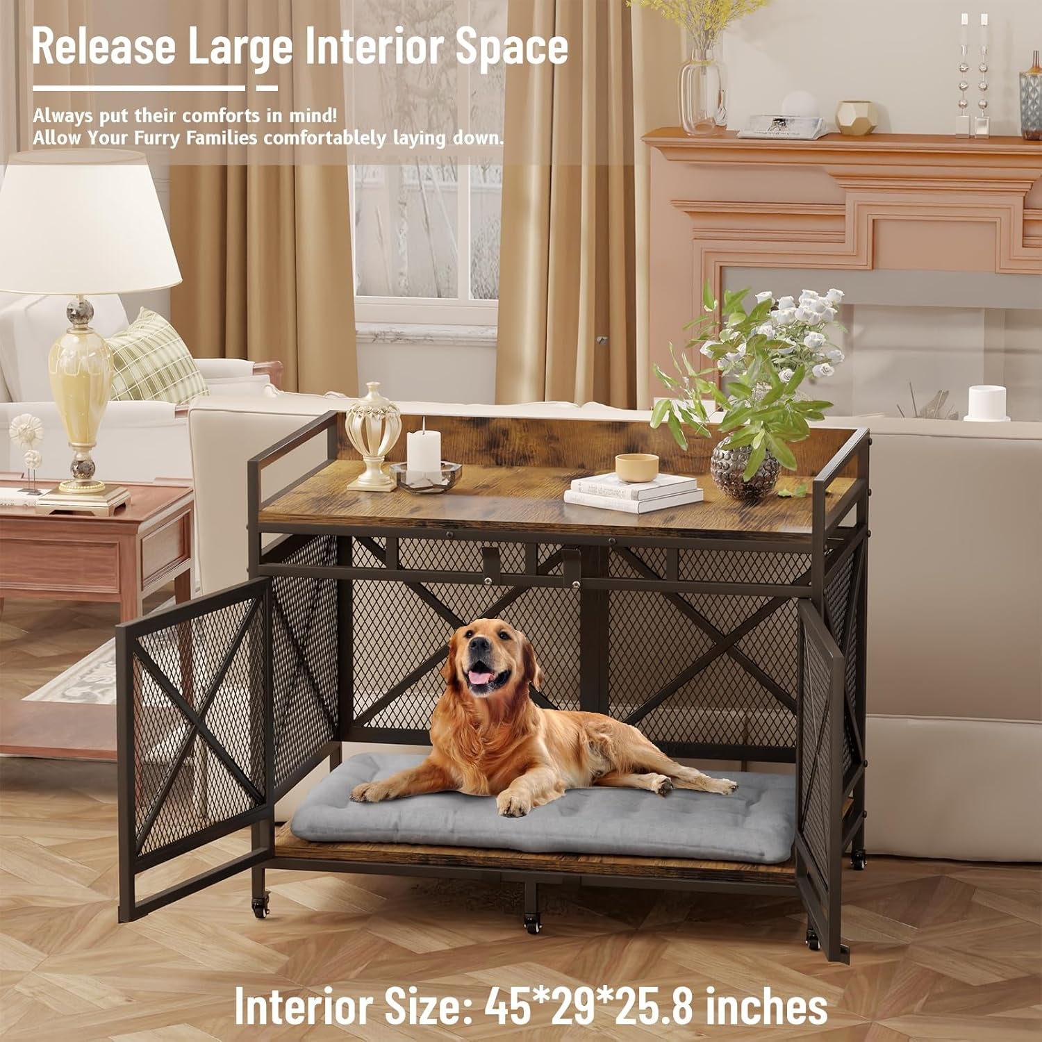 Large Dog Crate Furniture, 48 Inch Wooden Dog Kennel for Xlarge Dogs, Heavy Duty Dogs Furniture Indoor Wire Dog Cage with Caster Wheels,Decorative Pet House End Table, Textured Gray