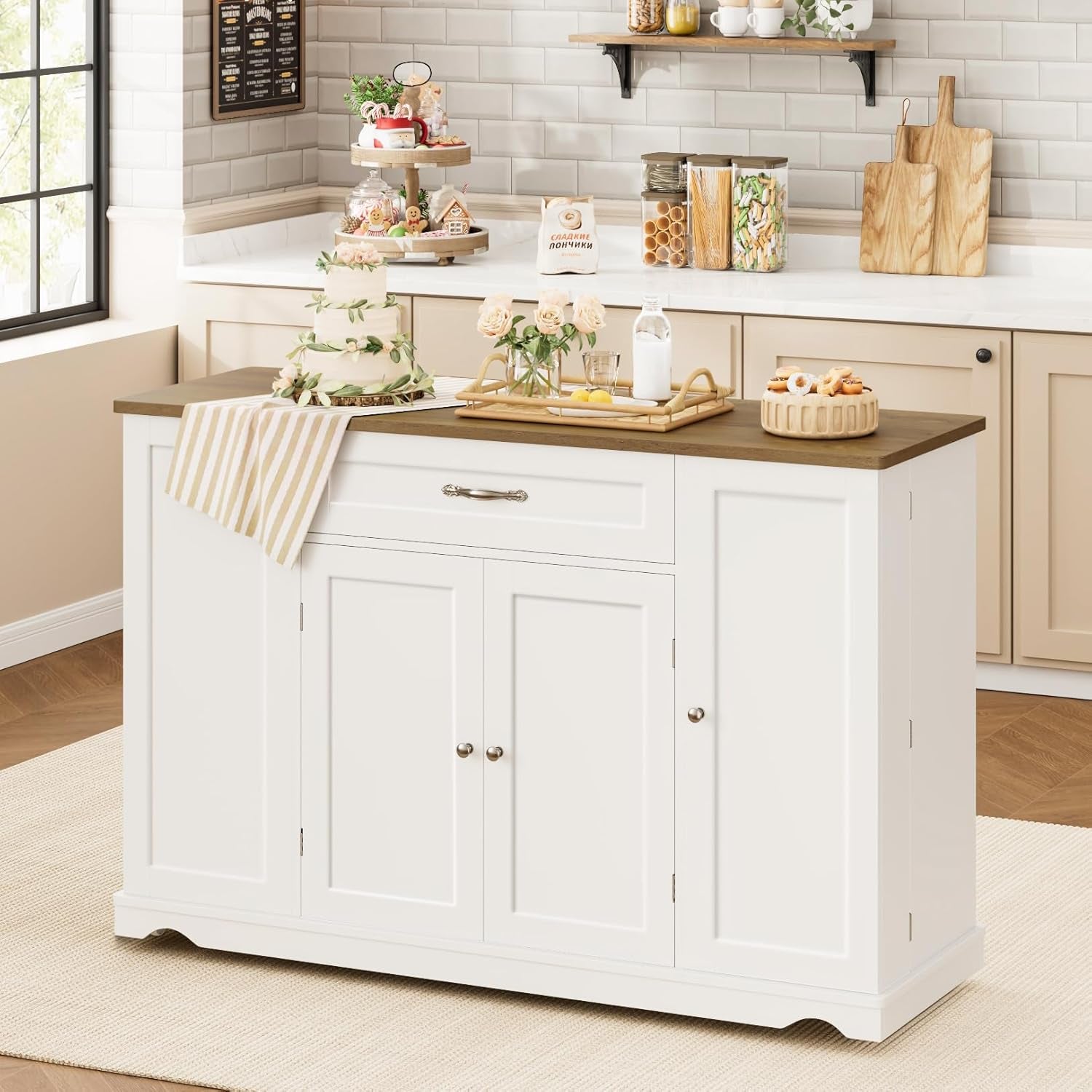 Kitchen Island Cart with Storage, 47'' Kitchen Storage Island on Wheels with 2 Drawers, Rolling Island Table with Adjustable Shelves, Mobile Buffet Sideboard Cabinet for Dining Room, White