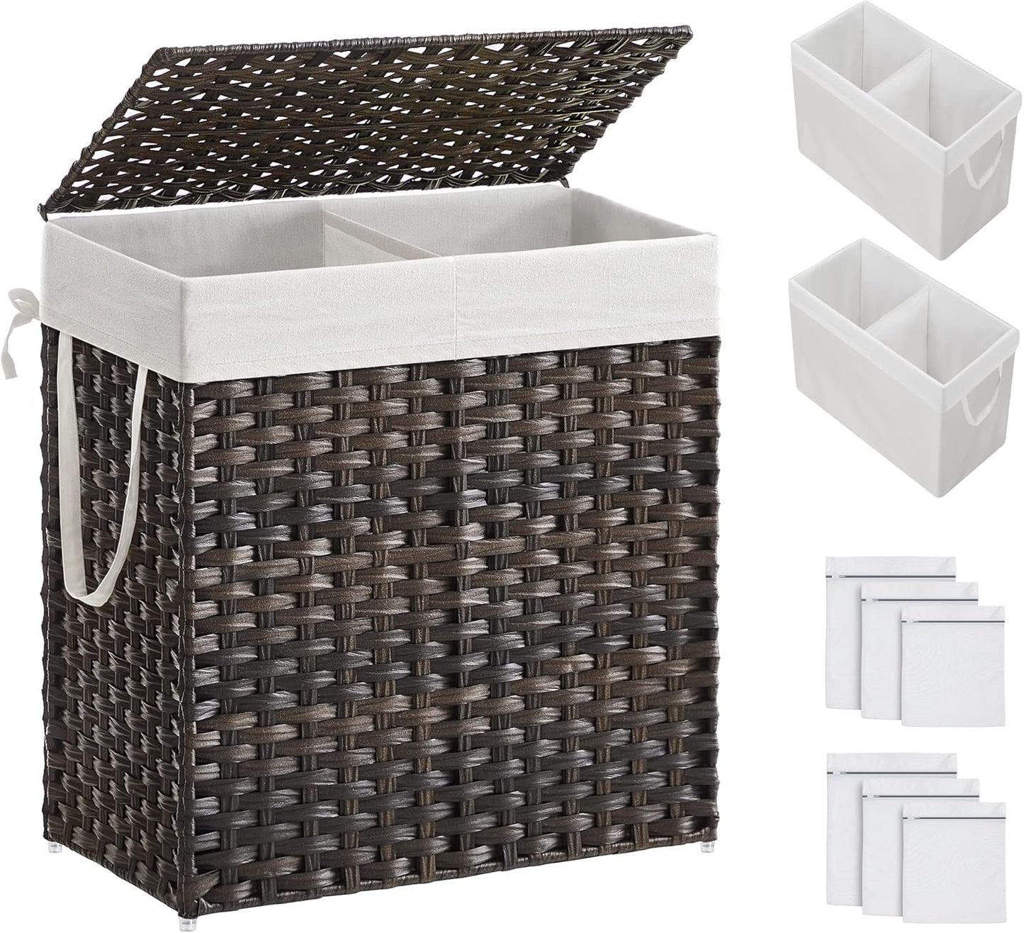 Laundry Hamper with Lid, 90L Clothes Hamper with 2 Removable Liner Bags, 6 Mesh Bags, Wicker Laundry Basket, Double Laundry Hamper for Bathroom, 13 X 18.1 X 23.6 Inches, Natural ULCB251N01V1
