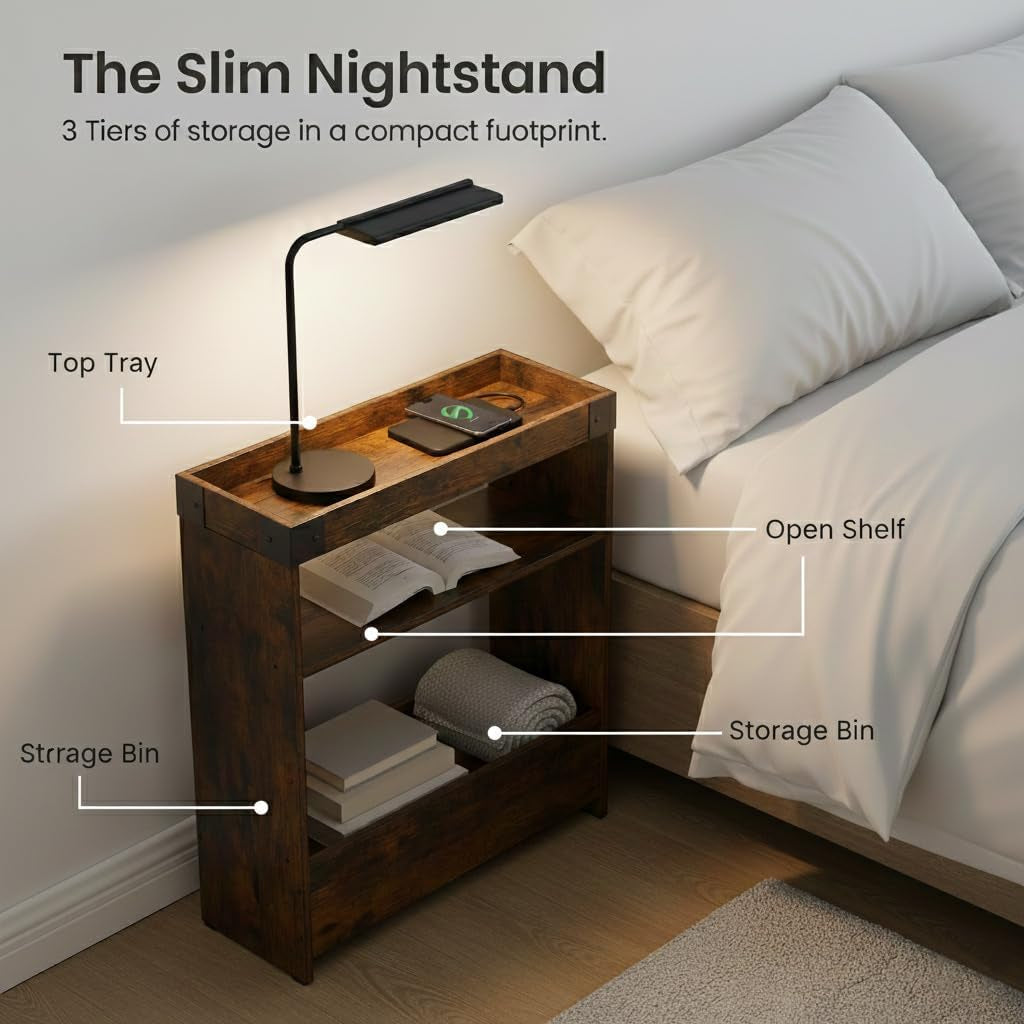 Farmhouse Narrow Side Table with Tray Top & Magazine Rack, Sofa Couch Side Table with Storage Shelf, Slim End Table for Small Spaces, Modern Nightstand for Bedroom, Living Room (Rustic Brown)