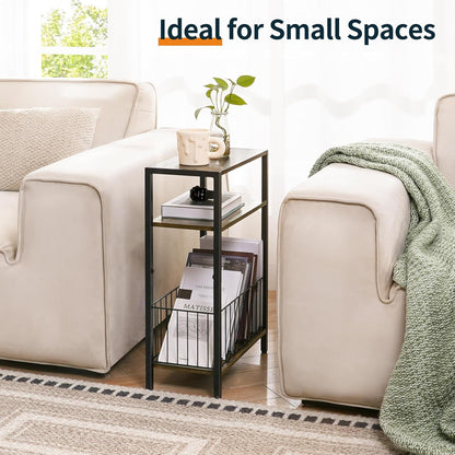 Narrow Side Table with Storage Basket, Small End Table for Small Spaces Skinny Side Tables Living Room Bedroom, Slim Nightstand 3 Tier Bedside Table Space-Saving for Magazine, Rustic Brown