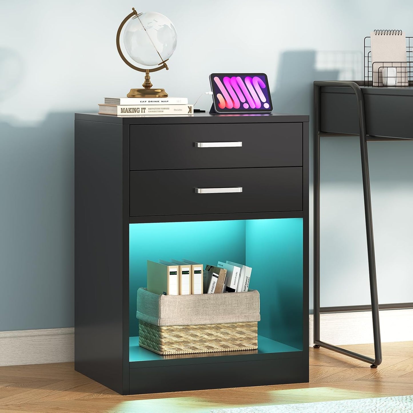 LED Nightstands Set of 2,Night Stands for Bedrooms Set of 2,Nightstand with Charging Station and LED Lights,Black Bedside Table with Power Outlets & Drawers,Modern End Side Table