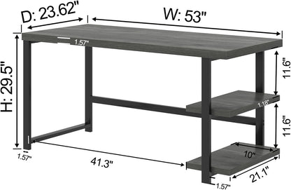 Industrial Computer Desk, Home Office Desk with Storage Shelves, Wood Study Writing Table for Bedroom, Living Room, Grey, 53 Inch