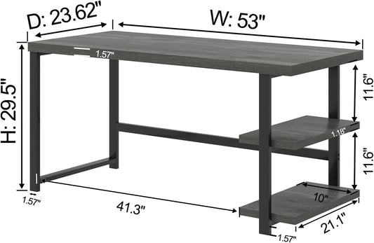 Industrial Computer Desk, Home Office Desk with Storage Shelves, Wood Study Writing Table for Bedroom, Living Room, Grey, 53 Inch