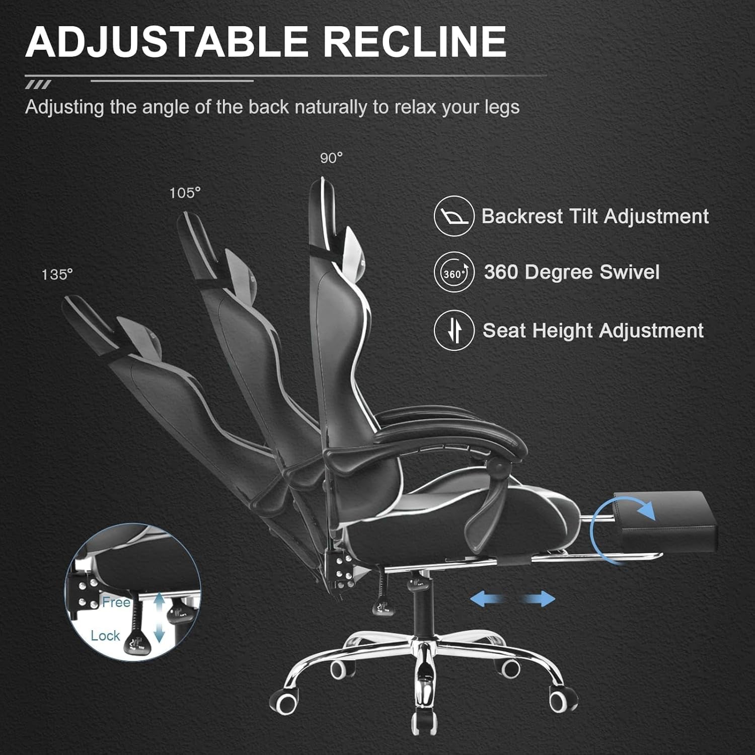 Gaming Chair, Computer Chair with Footrest and Lumbar Support, Height Adjustable Game Chair with 360°-Swivel Seat and Headrest and for Office or Gaming (Pearl White)