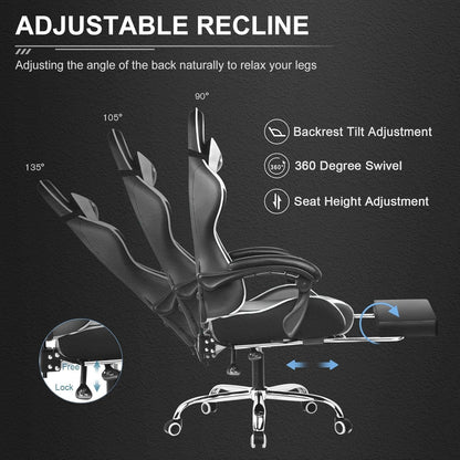 Gaming Chair, Computer Chair with Footrest and Lumbar Support, Height Adjustable Game Chair with 360°-Swivel Seat and Headrest and for Office or Gaming (Pearl White)