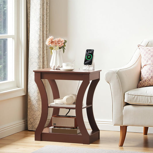 End Table with Charging Station, Skinny Side Table with USB Ports and Outlets, Nightstand, 3 Tier Bedside Table with Storage Shelf for Living Room, Bedroom, Small Space Cherry ETWA53E01