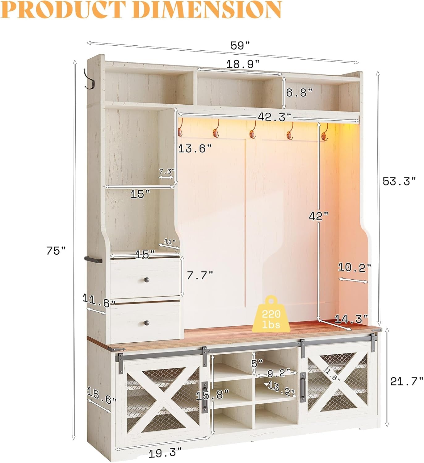 7-In-1 Farmhouse Hall Tree with Bench and Shoe Cabinet, LED Entryway Organizer with 2 Drawers, 12 Shoe Cubbies & Barn Doors, 7 Coat Racks with Shoe Storage, Rustic White