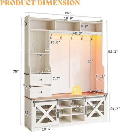 7-In-1 Farmhouse Hall Tree with Bench and Shoe Cabinet, LED Entryway Organizer with 2 Drawers, 12 Shoe Cubbies & Barn Doors, 7 Coat Racks with Shoe Storage, Rustic White