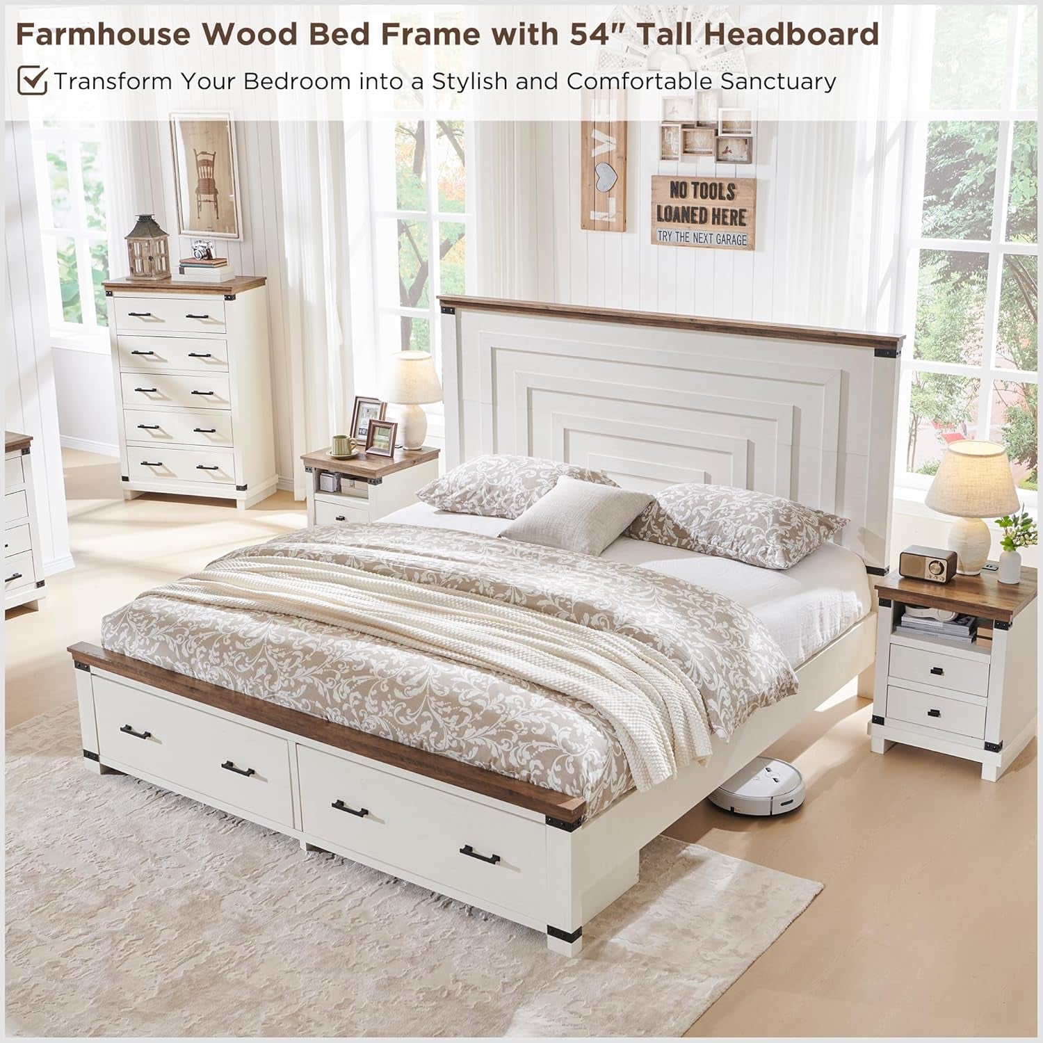 Farmhouse Queen Size Bed Frame W/ 54" Tall Geometric Headboard, Rustic Wood Platform Bed W/ 2 Large Storage Drawers, Wood Slats Support, Noise Free, No Box Spring Needed, Antique White