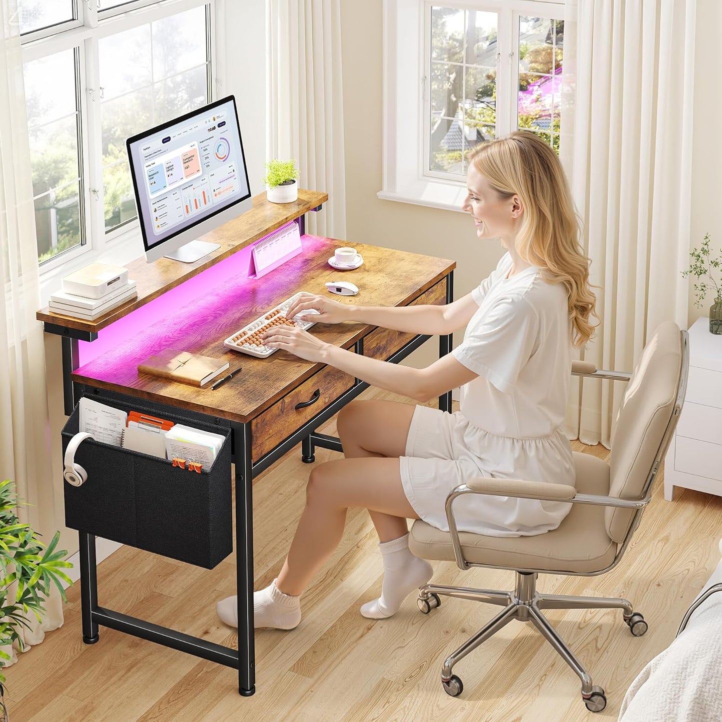 Gaming Desk with LED Lights with 2 Drawers, 31.5 Inch Desk Home Office Desk Computer Desk with Side Pocket & Ergonomic Monitor Stand, Small Space Study Writing Table with Anti-Tip Design, Rustic Brown