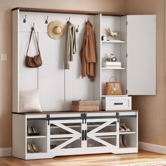 Hall Tree with Bench and Shoe Rack, Modern Large Shoe Storage Organizer with Coat Hooks, Drawer, Sliding Barn Door, Adjustable Shelves & Anti-Tip Kit for Entryway Mudroom