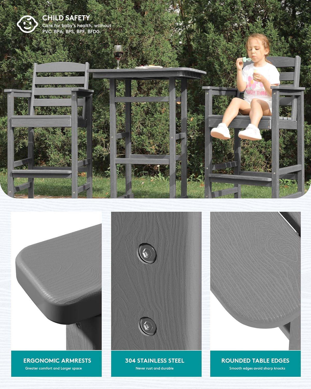 Balcony Adirondack Chairs and Table 3 Pieces Set, Adirondack Bar Height Chairs Set of 2 and Bar Table, Outdoor Bar Stools Set, Gray