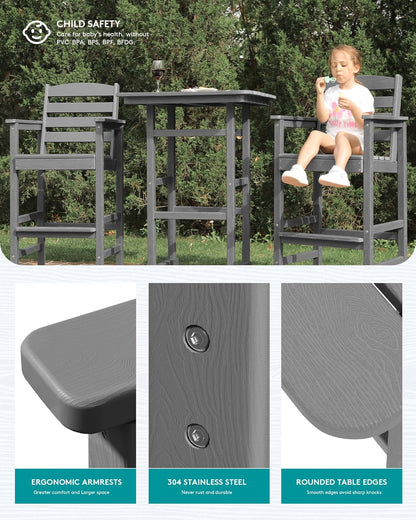 Balcony Adirondack Chairs and Table 3 Pieces Set, Adirondack Bar Height Chairs Set of 2 and Bar Table, Outdoor Bar Stools Set, Gray