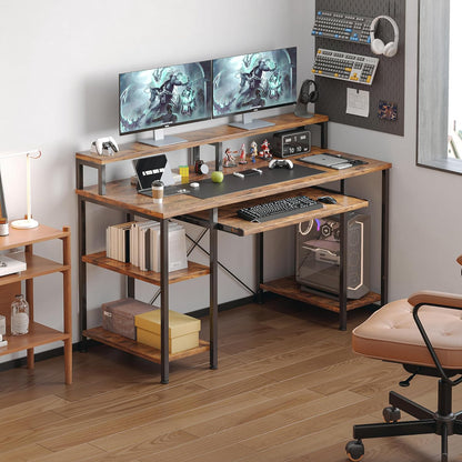 48Inch Computer Desk, Home Office Desks with Keyboard Tray, Gaming Desk with CPU Stand Shelf,Industrial Study Table Wide Writing Desk with Storage Shelves for 2 Monitors, Rustic Brown