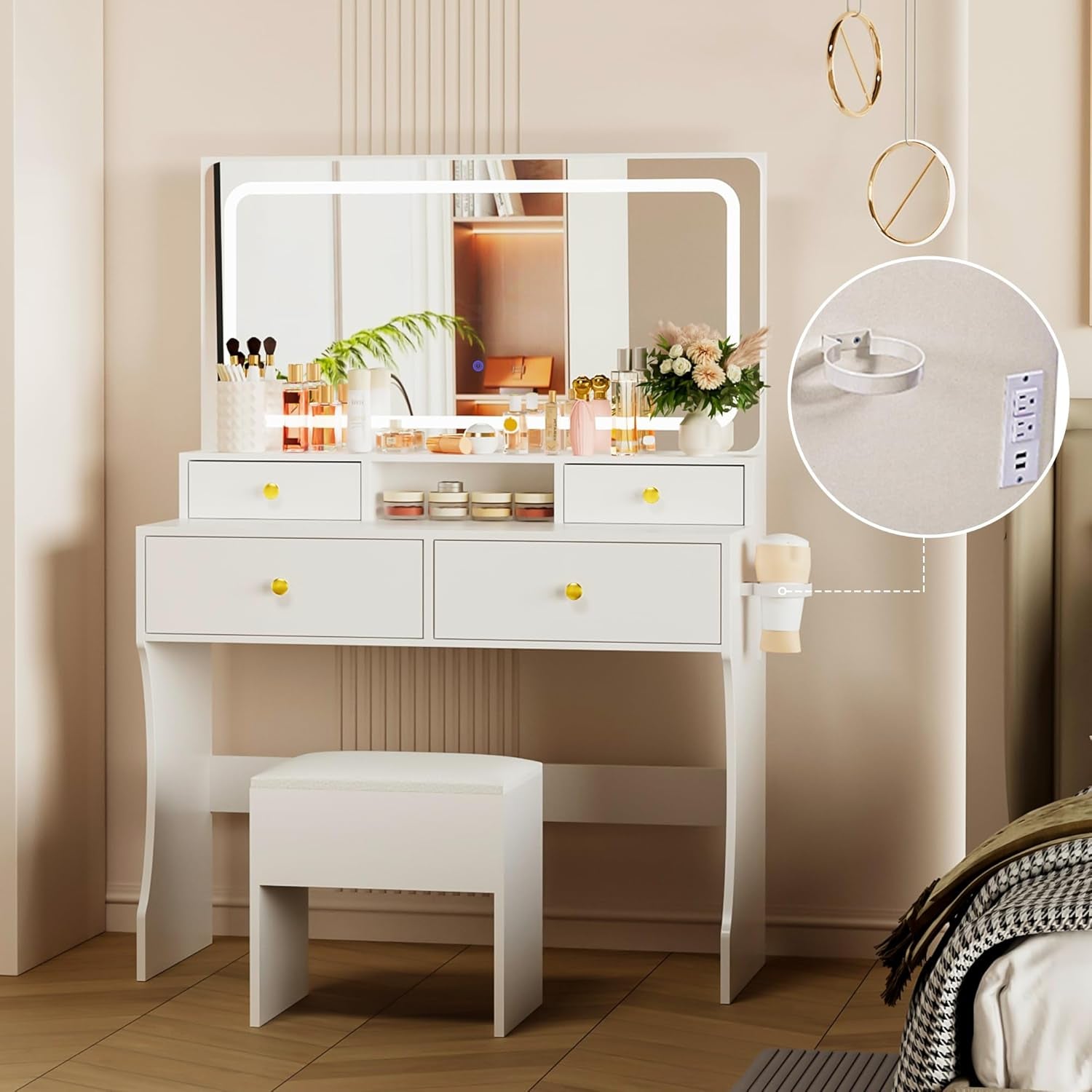 Vanity Desk with Mirror and Lights,4 Drawers Golden Handles Makeup Vanity with Storage Stool,Power Outlet,3 Lighting Modes,Silent Slides