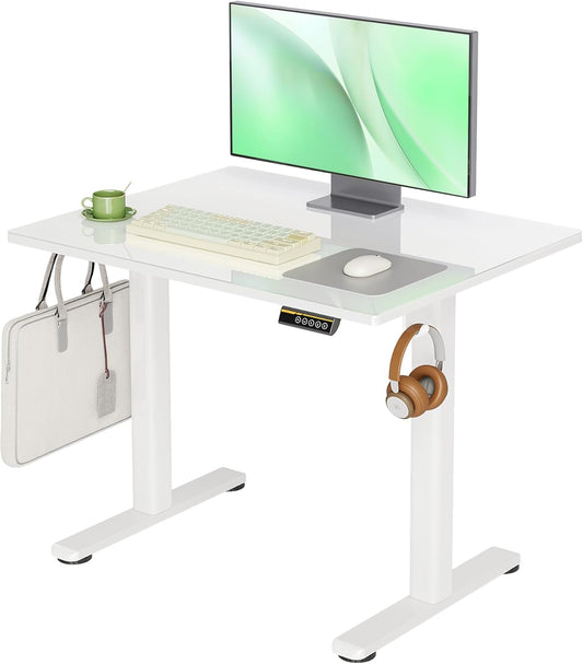 Small Glass Standing Desk, 35X20 Inch Electric Standing Desk Adjustable Height Quick Install for Computer Workstations, Super White