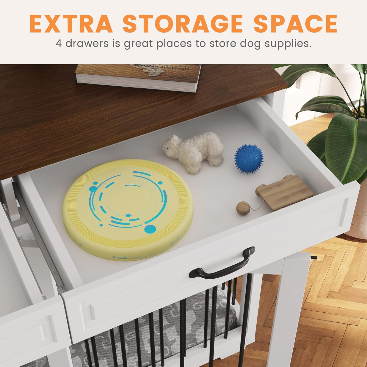 Dog Crate Furniture, 72.4 Inch Indoor Wooden Dog Kennel Cage House, Modern Decorative End Table with Double Doors, Drawers, Divider, for Large Medium Breeds, Black