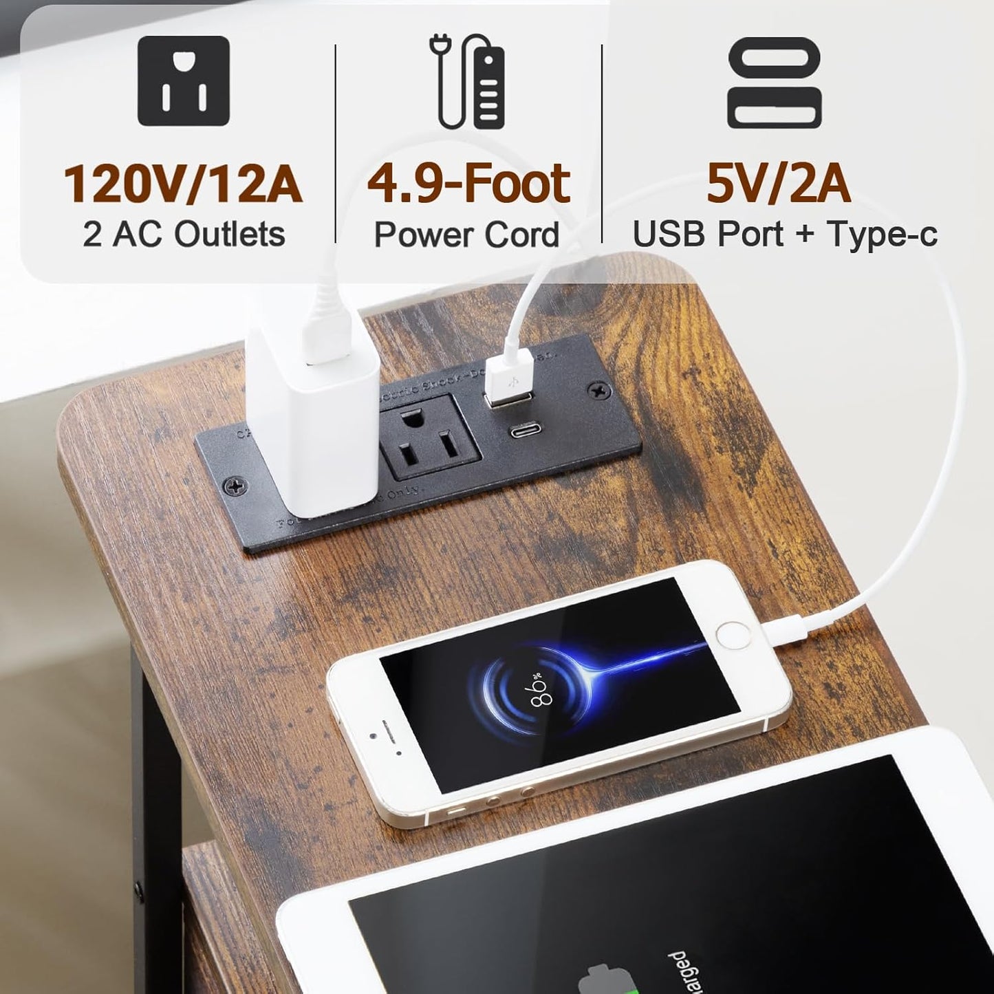 Narrow Nightstand with Charging Station, End Tables Living Room Set of 2, Skinny Side Table with Fabric Drawers, Slim Sofa Table for Bedroom, Small Spaces, Couch, Rustic Brown, HETNDP02PBR