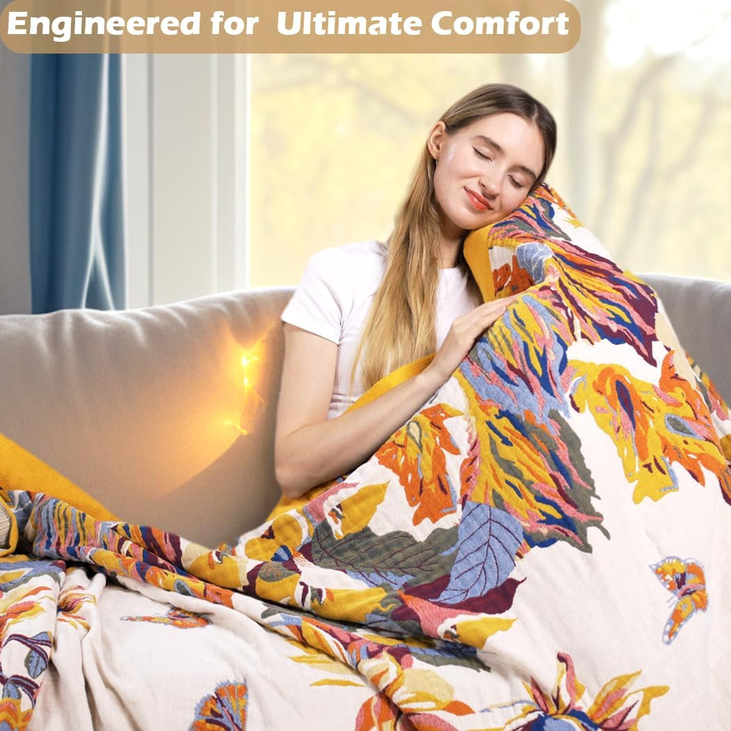 Boho Throw Blanket 60" X 80", 100% Organic Cotton Skin-Friendly Lightweight Ultra Soft Bed Quilt Throw - Fall Floral Butterfly Farmhouse Decor Blanket for Sofa Couch Chair and Gift.