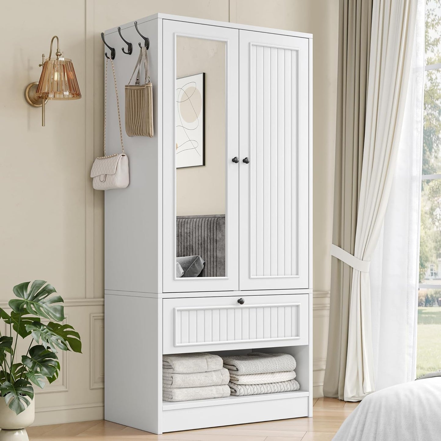 70" Armoire Wardrobe Closet with Doors & Mirror,Wooden Wardrobe with Drawers and 3 Side Hooks,Large Freestanding Bedroom Storage Wardrobe Cabinet,White