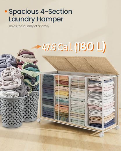 Laundry Hamper with 4 Section, 180 L Large Rolling Laundry Basket with Wheels, Rattan Clothes Basket with Lid, Removable Liner with Handles, Natural Beige and Matte White ULCB603N01