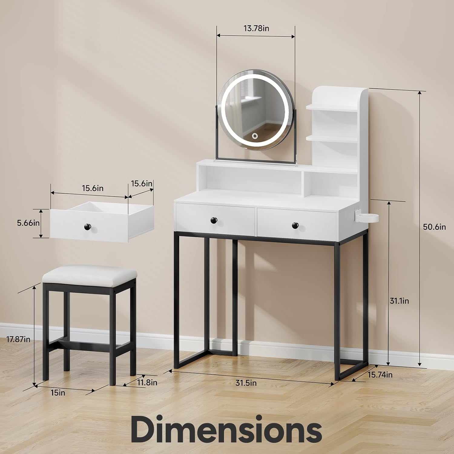 Small  Desk with Mirror for Bedroom: Compact Makeup Table Set with Lights - 31.5 Inch White Dresser Vanities with Chair for Girls