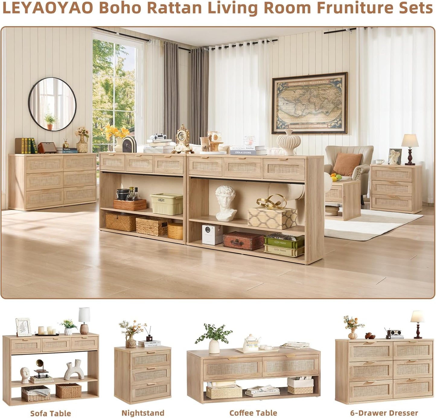 48" Boho Rattan Console Table with 3 Drawers, 3 Tier Wooden Entryway Table with Open Storage Shelf, Narrow Long behind Couch Sofa Tables for Living Room, Hallway, Entrance, Brown