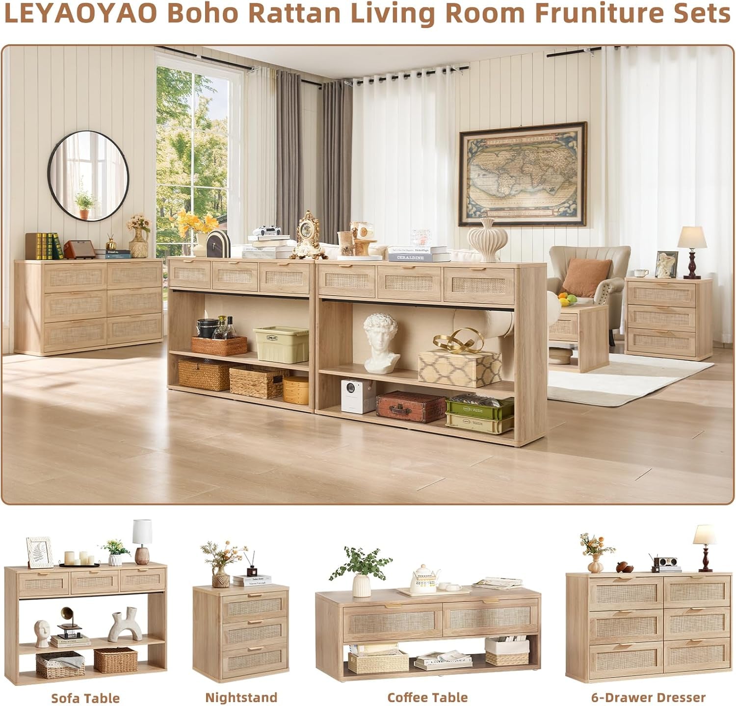 48" Boho Rattan Console Table with 3 Drawers, 3 Tier Wooden Entryway Table with Open Storage Shelf, Narrow Long behind Couch Sofa Tables for Living Room, Hallway, Entrance, Brown