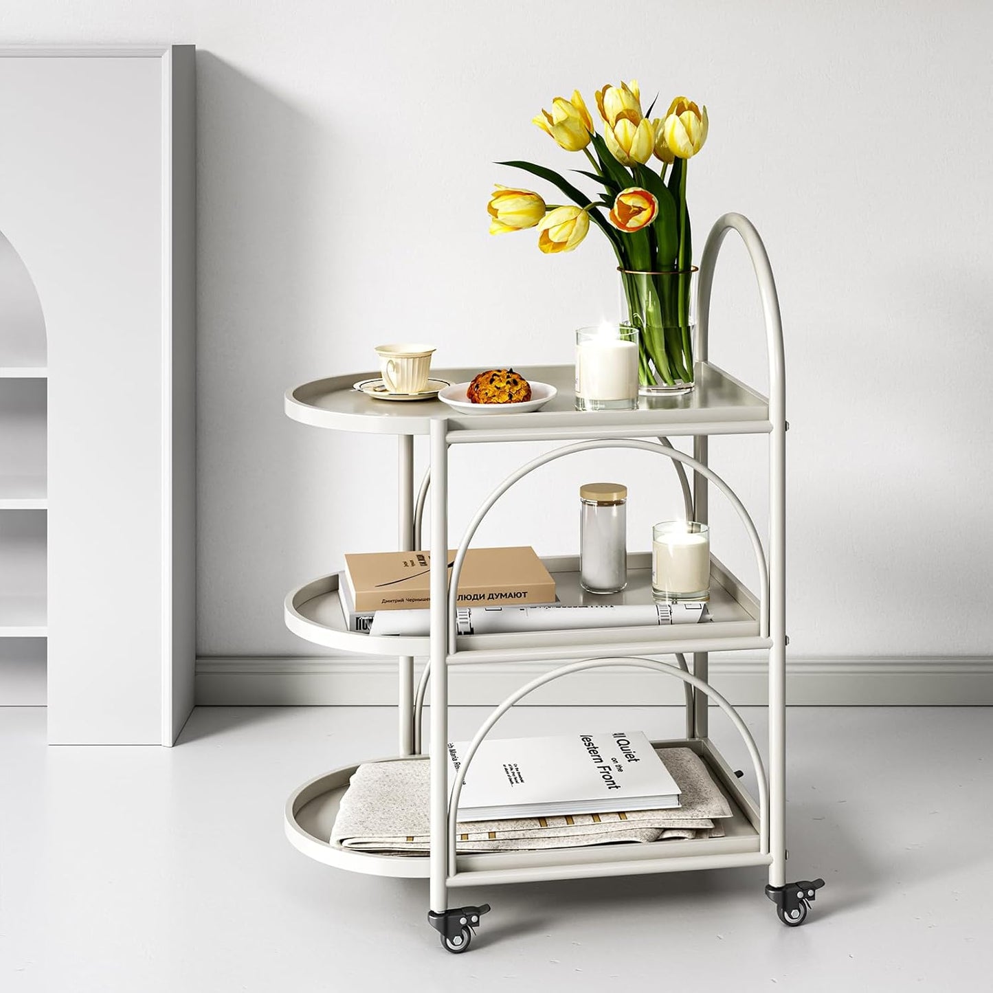 Bar Cart,Metal Serving Cart for the Home,Small Coffee Cart,Drink Cart,Beverage Cart with Lockable Wheels,Mobile Rolling Cart for Kitchen Living Room (White)