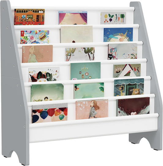 6-Tier Kids Bookshelf, Book Shelf for Kids Room, Sling Bookcase, Magazine and Book Storage Rack, Large Capacity Book Organizer for Nursery, Bedroom, Playroom, White and Gray MCW07WG