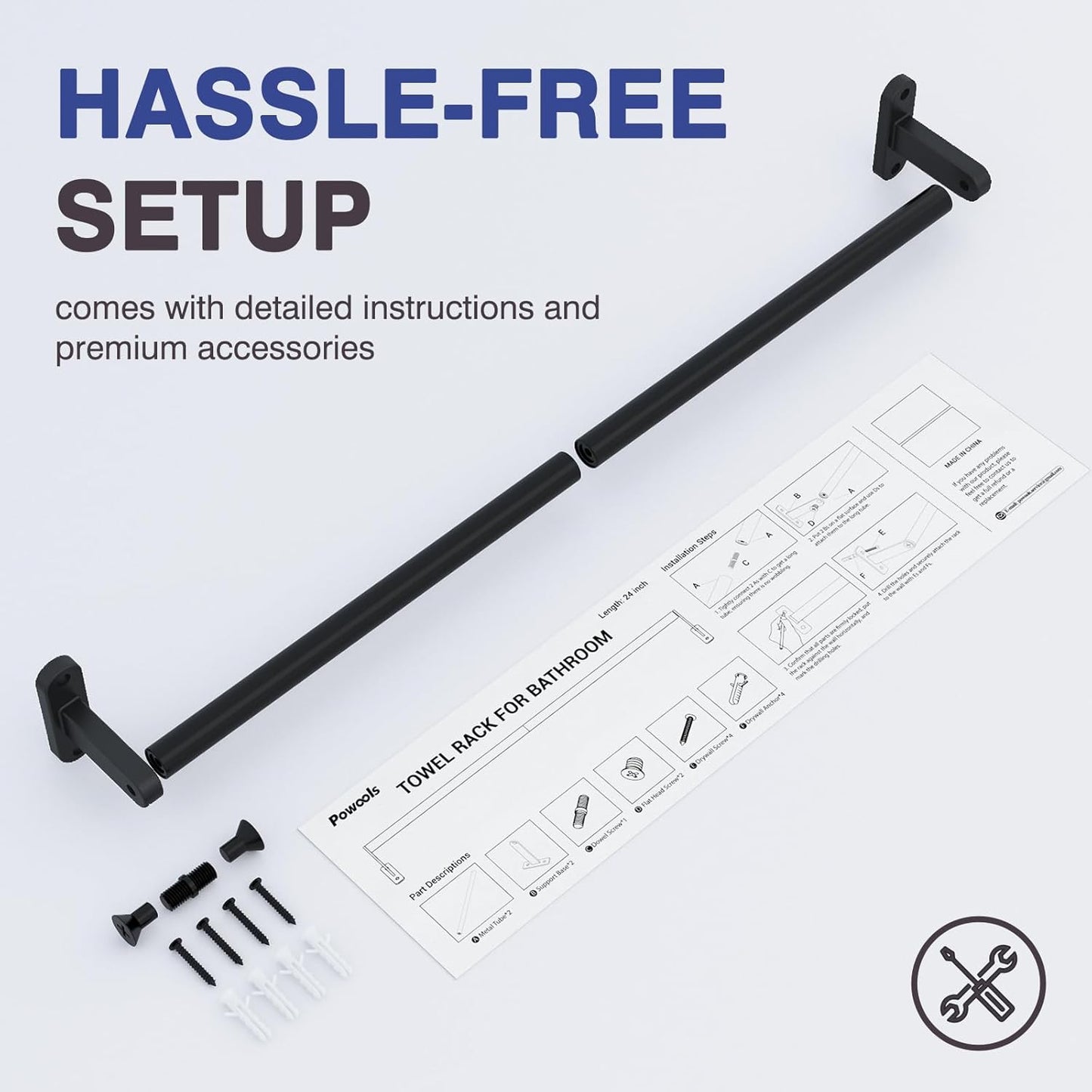 Towel Rack for Bathroom - 24" Rustproof Towel Holder, Sturdy Towel Bar Wall Mounted, Space-Saving Towel Hanger, Bathroom Accessories, Home Decor, Apparment Essentials, Black