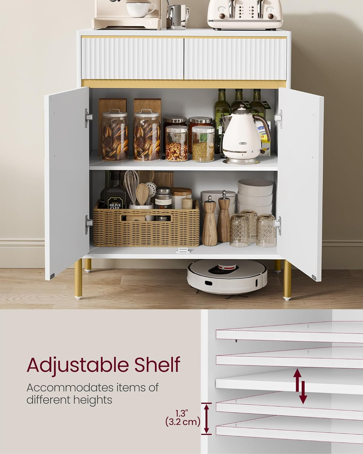 Buffet Cabinet with Storage, Sideboard Storage with Drawers, Doors, Adjustable Shelf, Fluted Drawer Front, Accent Cabinet, for Living Room, Modern, Cloud White UBBC651W01