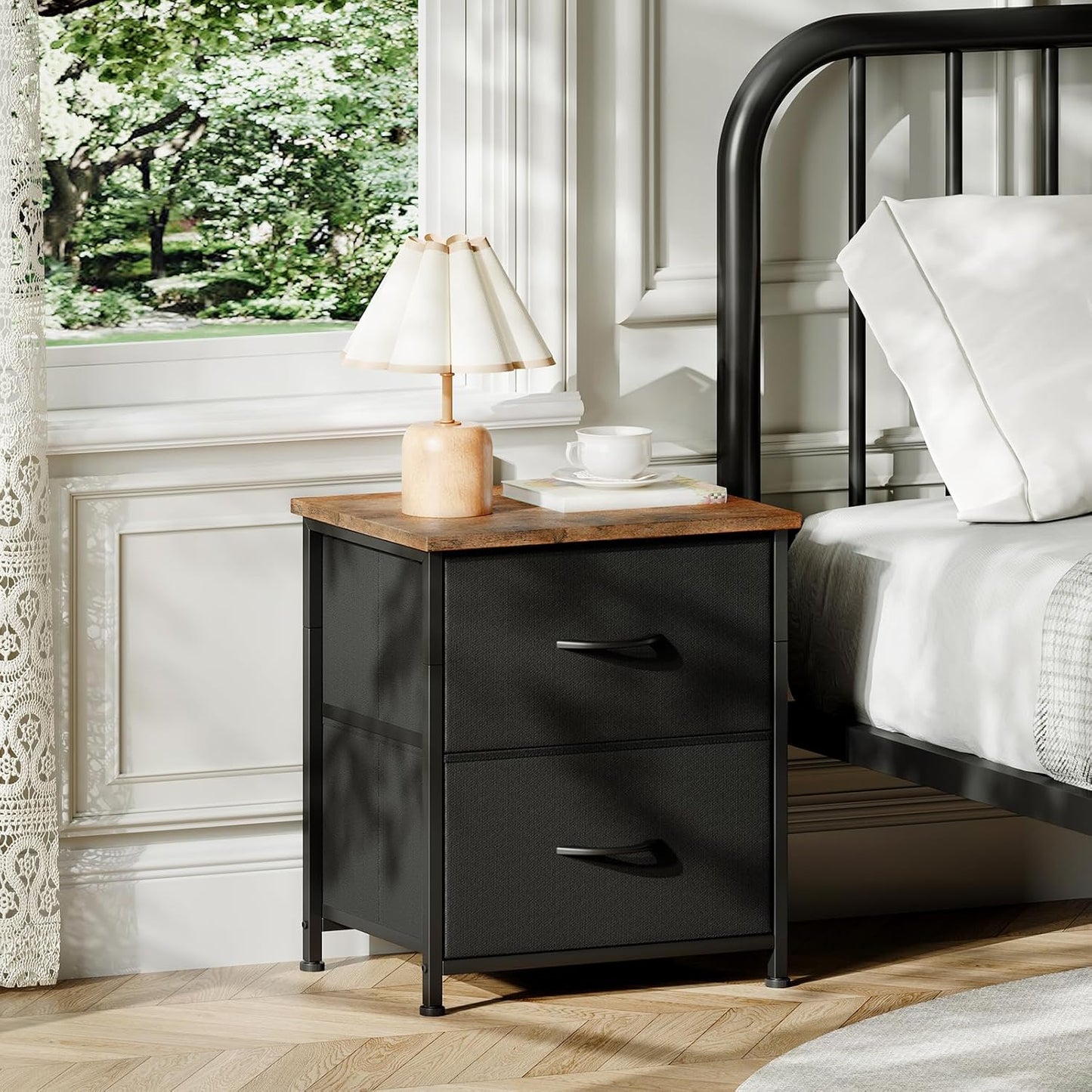 Black Nightstand, Small Dresser for Bedroom with 2 Drawers, Bedside Table Night Stand End Table with Fabric Bins for Bedroom Kids Closet Dorm Guest Room, Black Rustic Brown