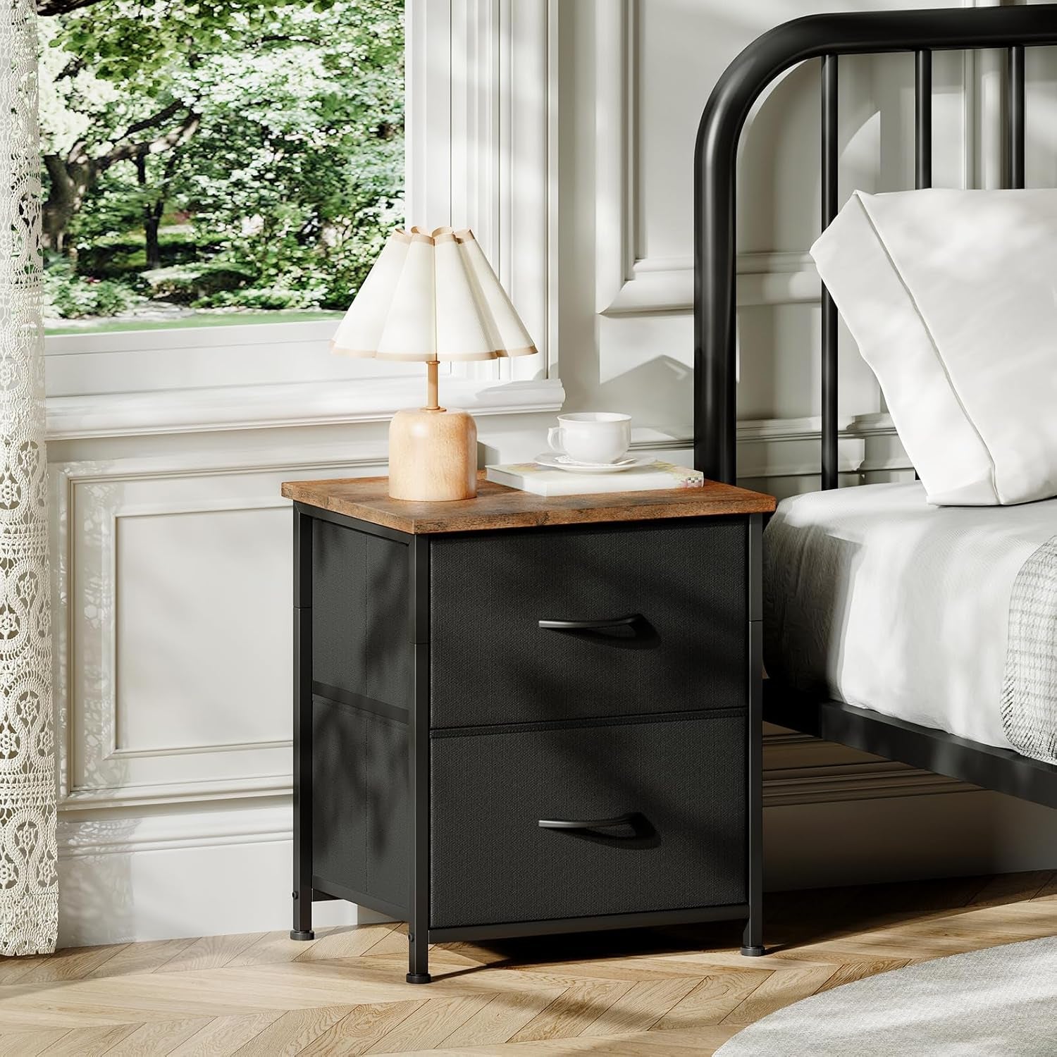 Black Nightstand, Small Dresser for Bedroom with 2 Drawers, Bedside Table Night Stand End Table with Fabric Bins for Bedroom Kids Closet Dorm Guest Room, Black Rustic Brown