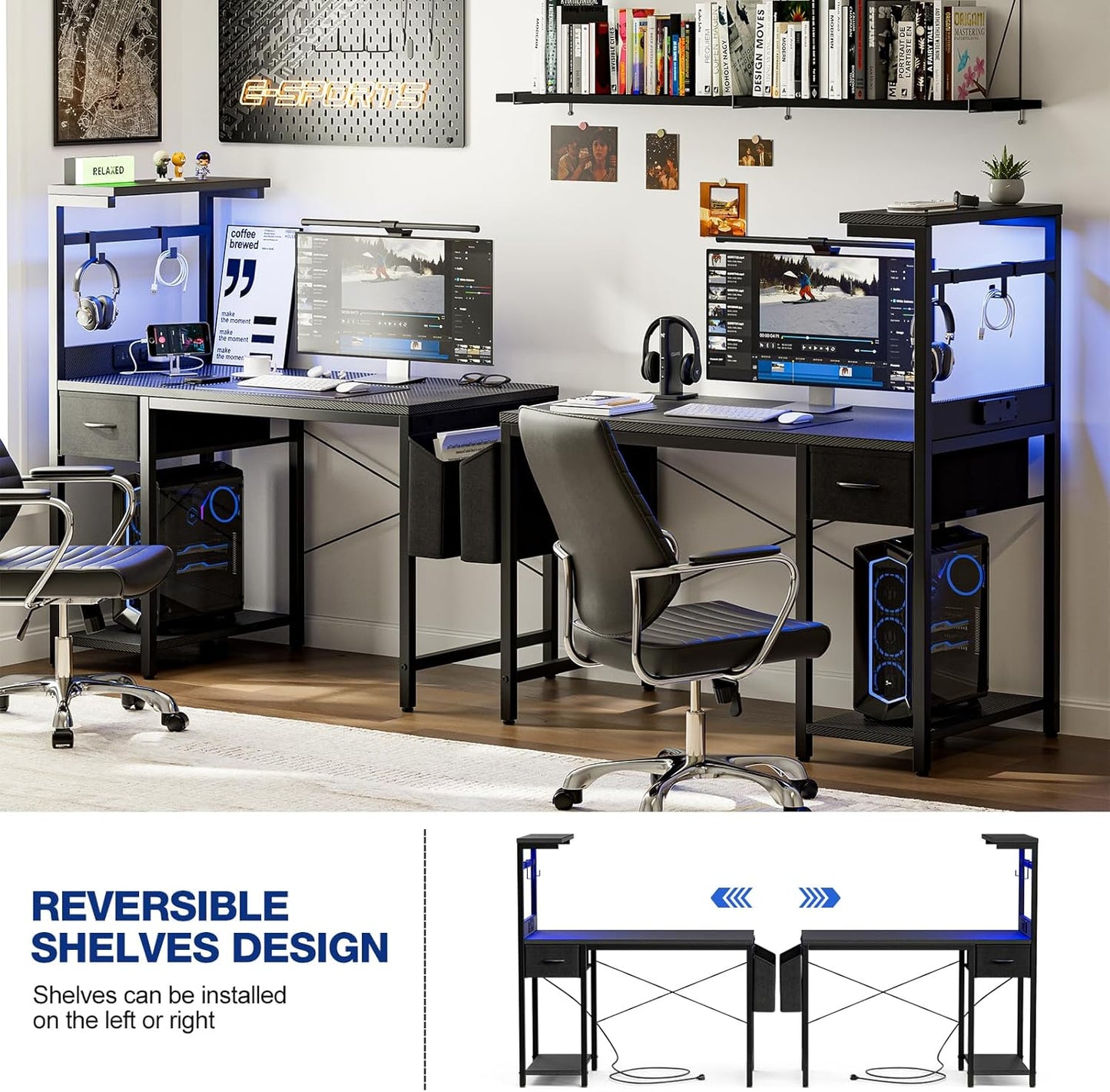 Gaming Desk 40 Inch with Power Outlet and LED Light, Computer Desk with Reversible Shelves and Storage Drawer, Pc Small Desk for Home Office Table with Bag, Carbon Fiber Black