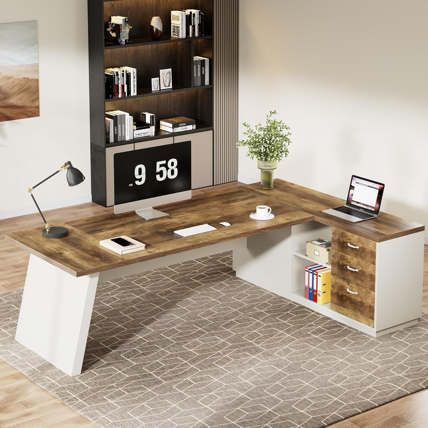 78" L-Shaped Executive Desk, Large Modern Office Desk with Drawers and Lateral File Cabinet, Business Furniture with Storage Shelves, Big Computer Desk for Home Office (Brown + White)