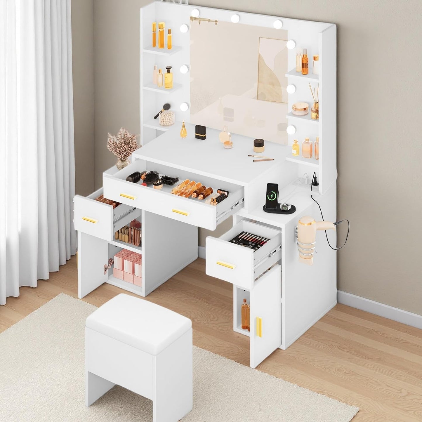 Makeup Vanity Set with Mirror & 3-Mode Lights, Vanity Desk with Storage Stool, Power Outlet, Shelves, Drawers & Hair Tool Holder, Dressing Table for Apartment Dorm Guest Room, White