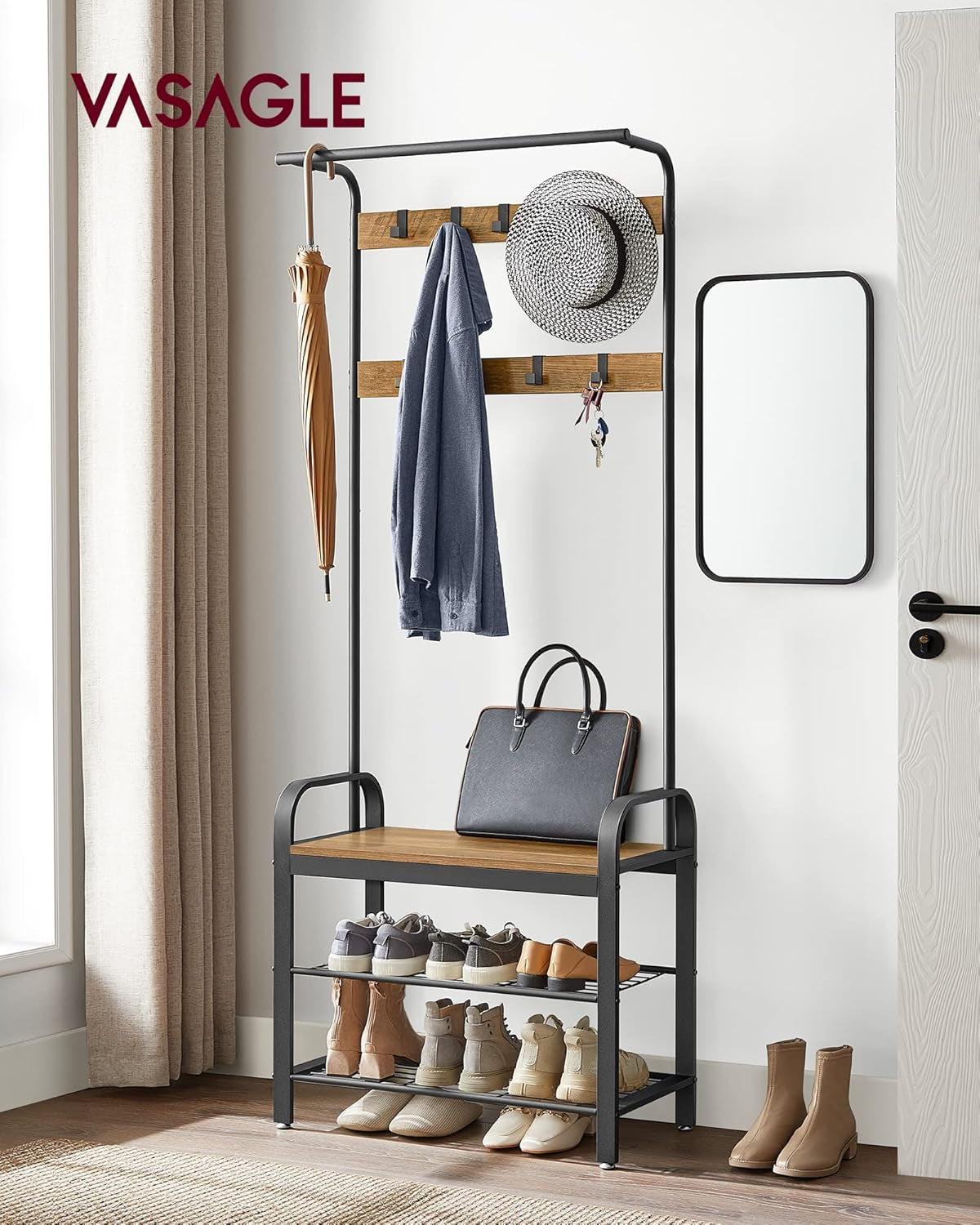 Coat Rack, Hall Tree with Shoe Bench for Entryway, Entryway Bench with Coat Rack, 4-In-1, with 9 Removable Hooks, a Hanging Rod, 13.3 X 28.3 X 72.1 Inches, Rustic Walnut and Black UHSR040B41