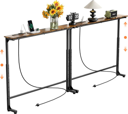 2 Pack Adjustable Height Narrow Console Table with Power Outlets, 78.7" Long Sofa Table with Charging Station behind Couch Table Entryway Table for Living Room and Hallway – Rustic Brown