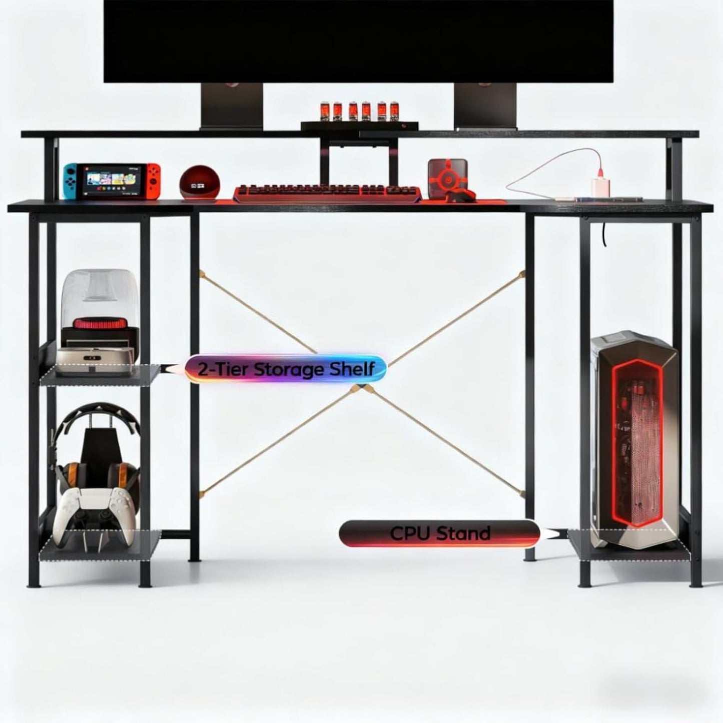 Modern PC Laptop Desk with Storage, Reversible Design Computer Gaming Table with Built-In Charging Station and Personalized Lighting, Assembly Required