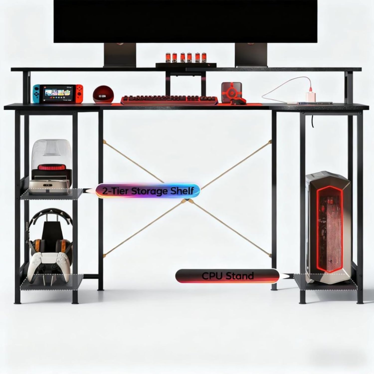 Modern PC Laptop Desk with Storage, Reversible Design Computer Gaming Table with Built-In Charging Station and Personalized Lighting, Assembly Required