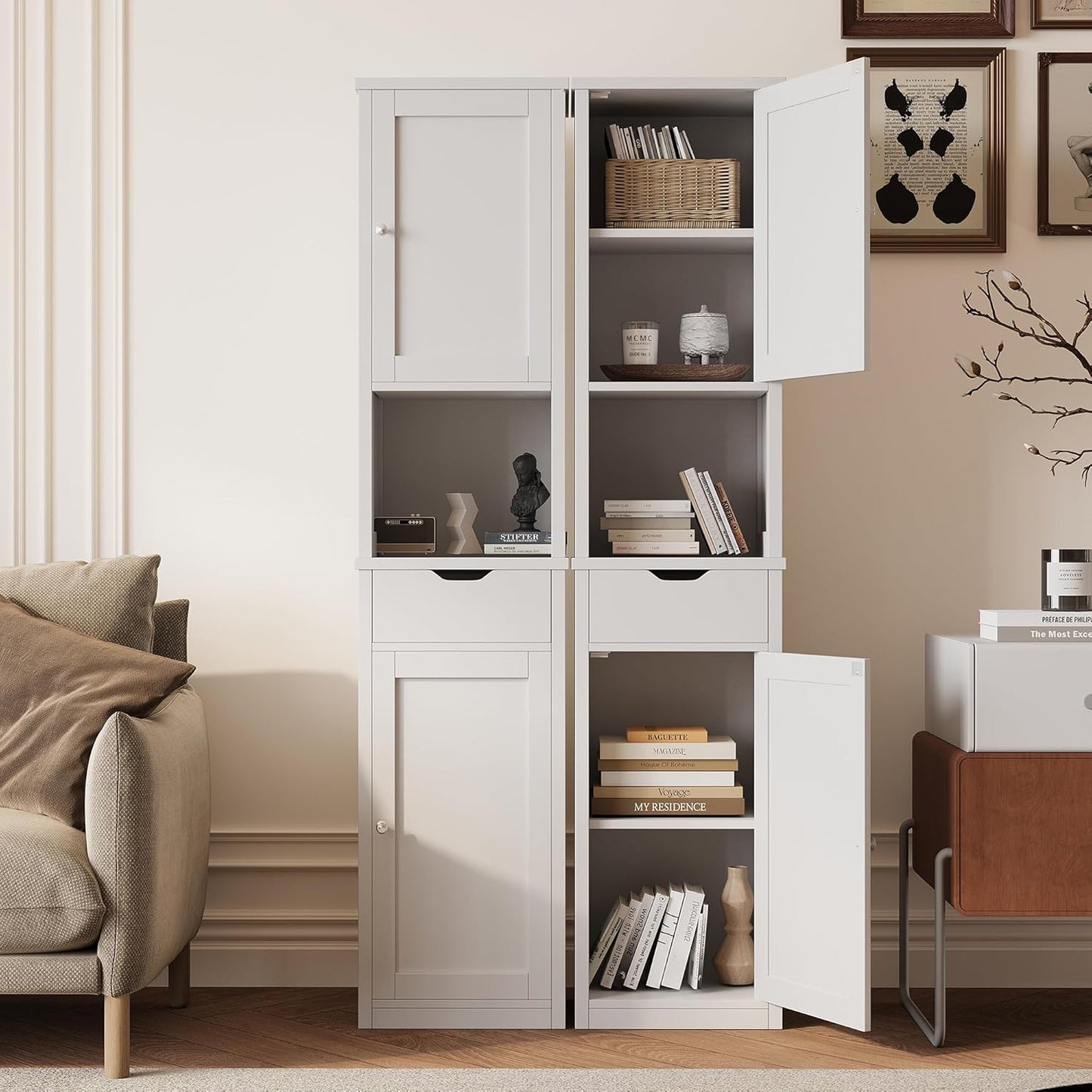 Tall Bathroom Storage Cabinet, Slim Corner Floor Cabinet with Doors and Drawer, Freestanding Narrow Bathroom Organizer with Adjustable Shelves for Small Space, White