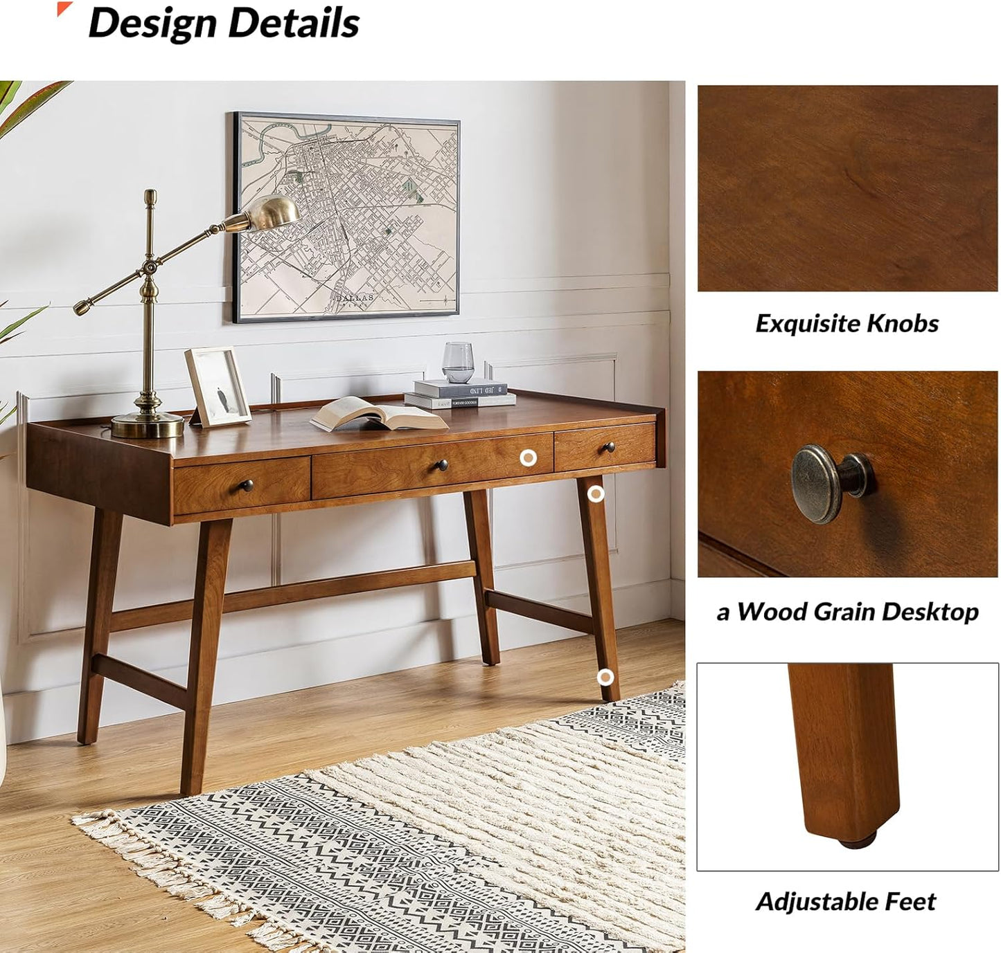 Home Office Desk with 3 Drawers & Solid Wood Legs, Writing Table with Charging Station & Cable Management, Mid Century Modern Desk for Bedroom/Living Room/Study/Workstation, Walnut