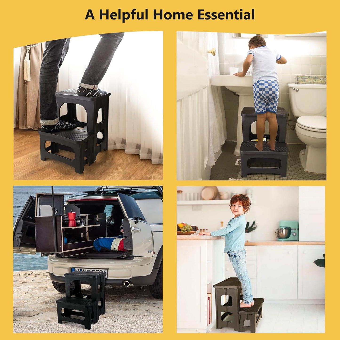 Folding 2-Step Stool, Non-Slip Portable Footstool 8'' & 17'' Dual Heights, Holds 300 Lbs, Portable Footstool for Kitchen Home Toilet Bedroom Office Bathroom Rv(Black)