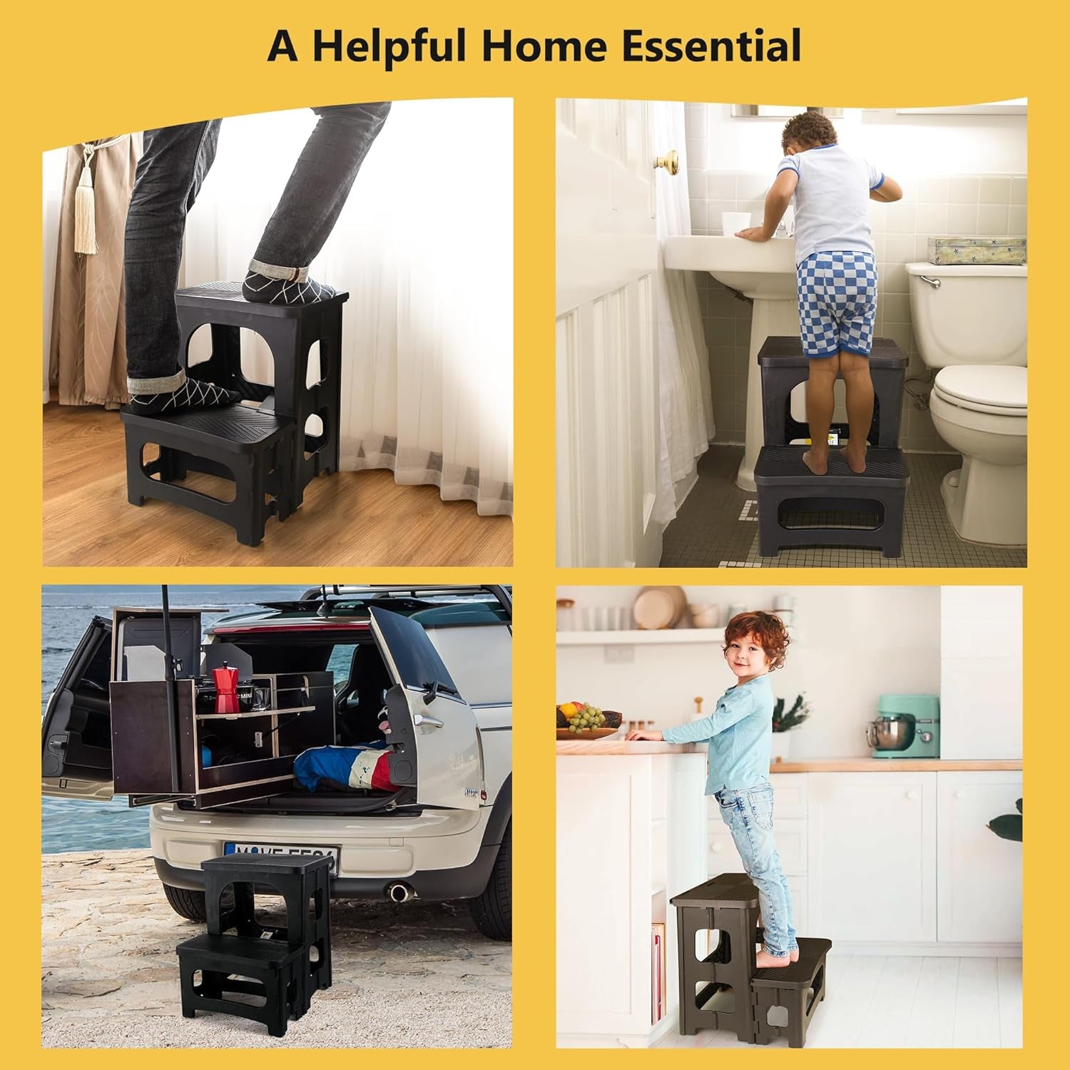 Folding 2-Step Stool, Non-Slip Portable Footstool 8'' & 17'' Dual Heights, Holds 300 Lbs, Portable Footstool for Kitchen Home Toilet Bedroom Office Bathroom Rv(Black)