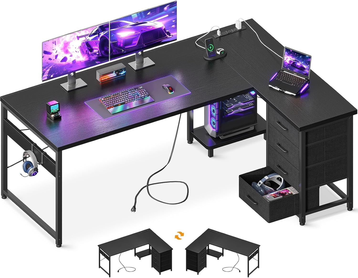 L Shaped Gaming Desk with 4 Drawers, 61" Reversible Home Office Desks with Power Outlets, L Shaped Computer Desk with USB Charging Port and Host Stand, Corner Desk, Easy to Assemble, Black