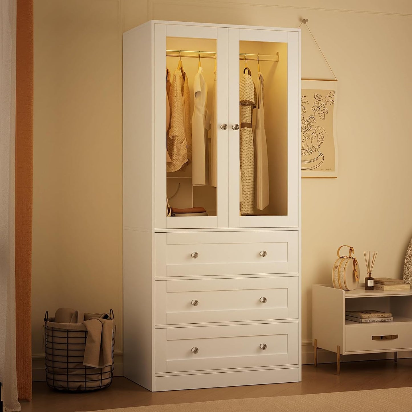 75" Tall Armoire Wardrobe Closet with Drawers & Lights, Clothing Storage Cabinet with 2 Glass Doors & Hanging Rod, Wooden Armoire Storage Cabinet for Bedroom